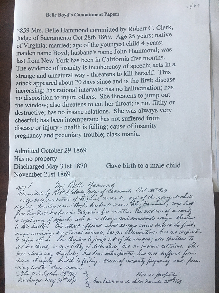 Paper that committed Belle to an asylum for the insane in Stockton, California where she gave birth prematurely to a son who died after a few days.