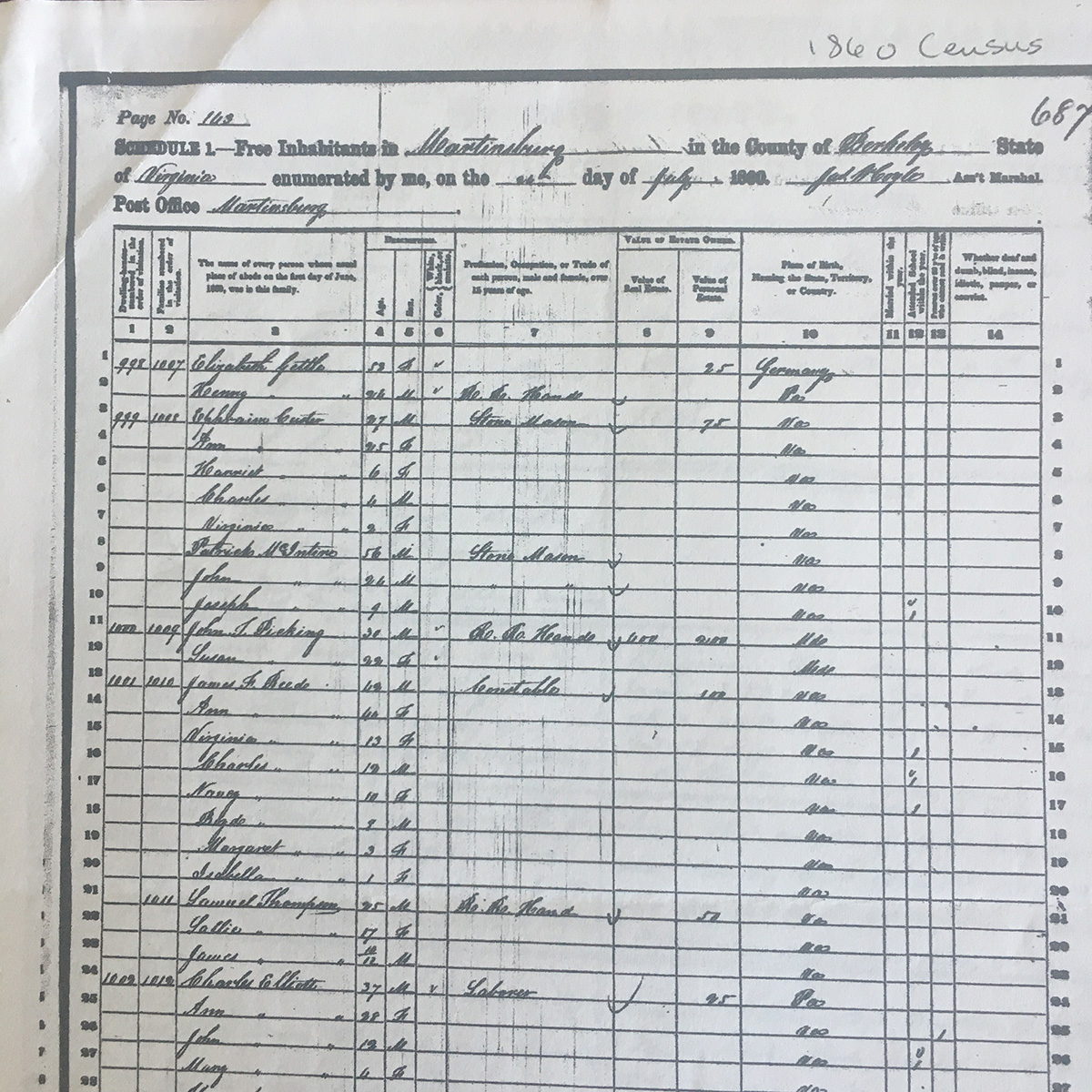 1860 census records for Martinsburg, listing Belle's entire family (God bless the census!).
