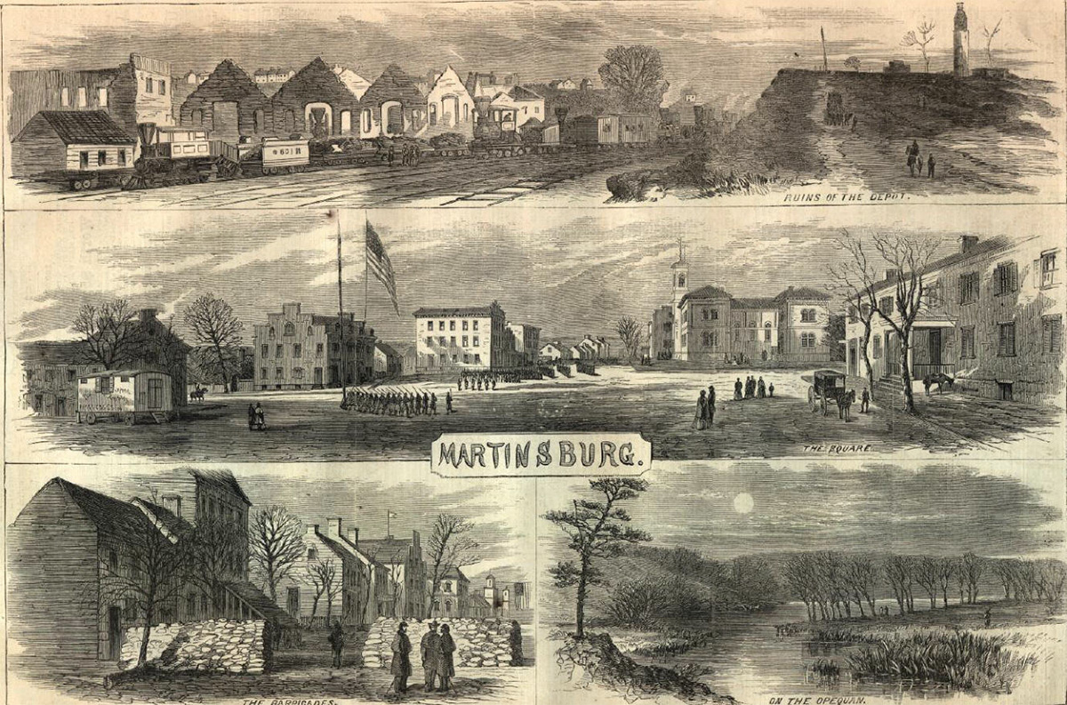 This vintage postcard shows wartime views of Martinsburg, including the ruins of the rail depot, the town square, and sandbag barricades guarded by Union soldiers. 