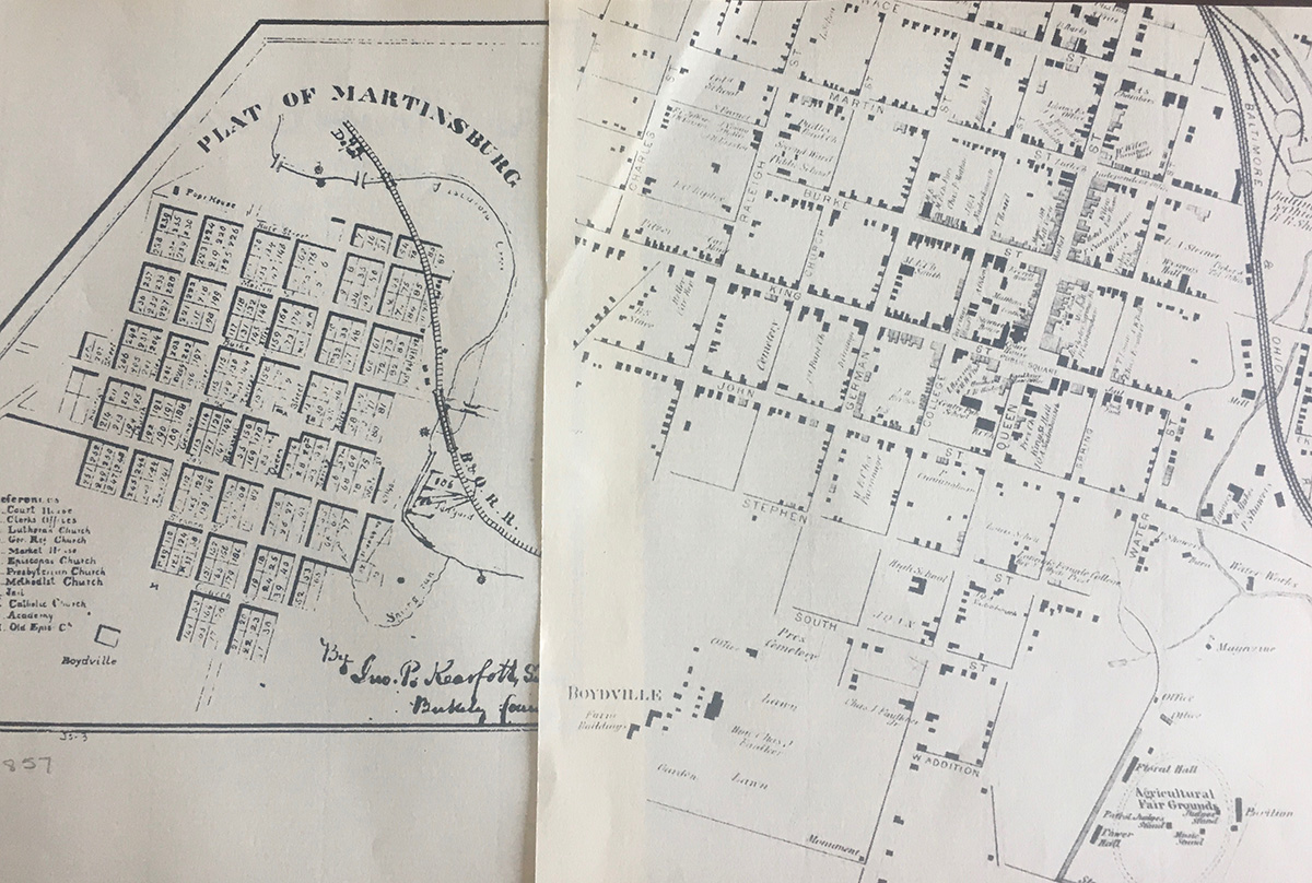 Old maps of Martinsburg. 1857 on the left and 1879 on the right.