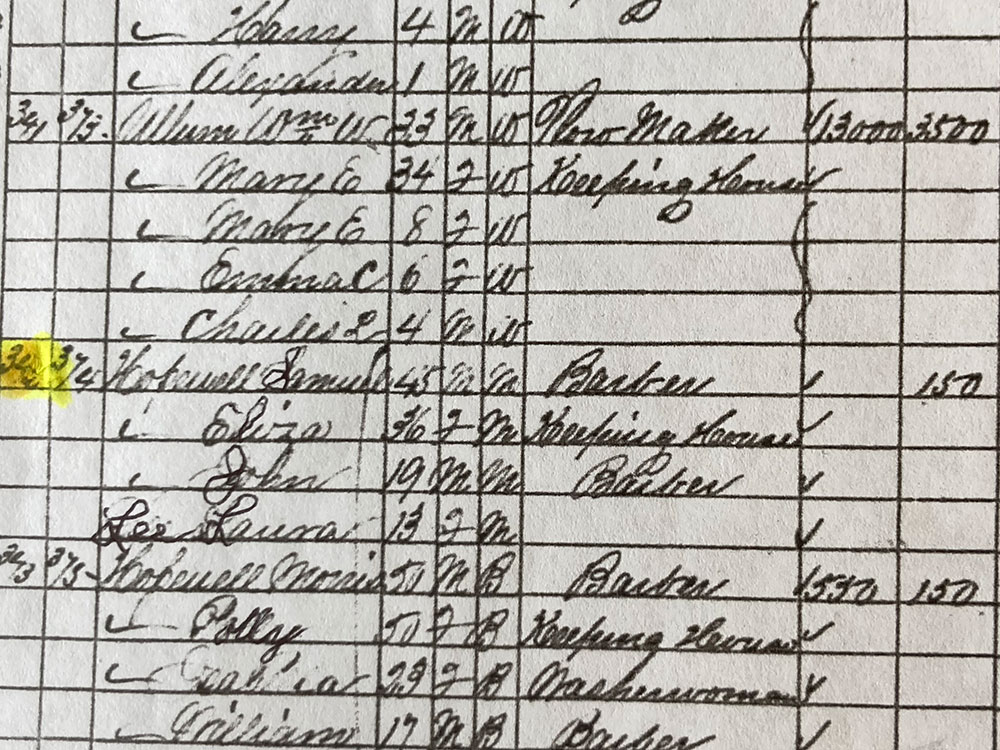 1870 Census close-up for Hopewell family. Note value of Sam’s personal property set at $150.